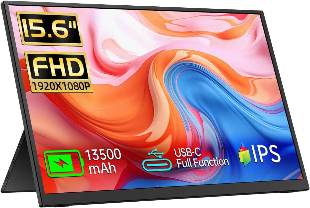 Portable Monitor 15.6' FHD 1080p with 13500mAh Built-in Battery, Kickstand & Speakers, HDMI USB C External Travel Monitor for Laptops, PC, Mac, Xbox, Switch, and PS5/4