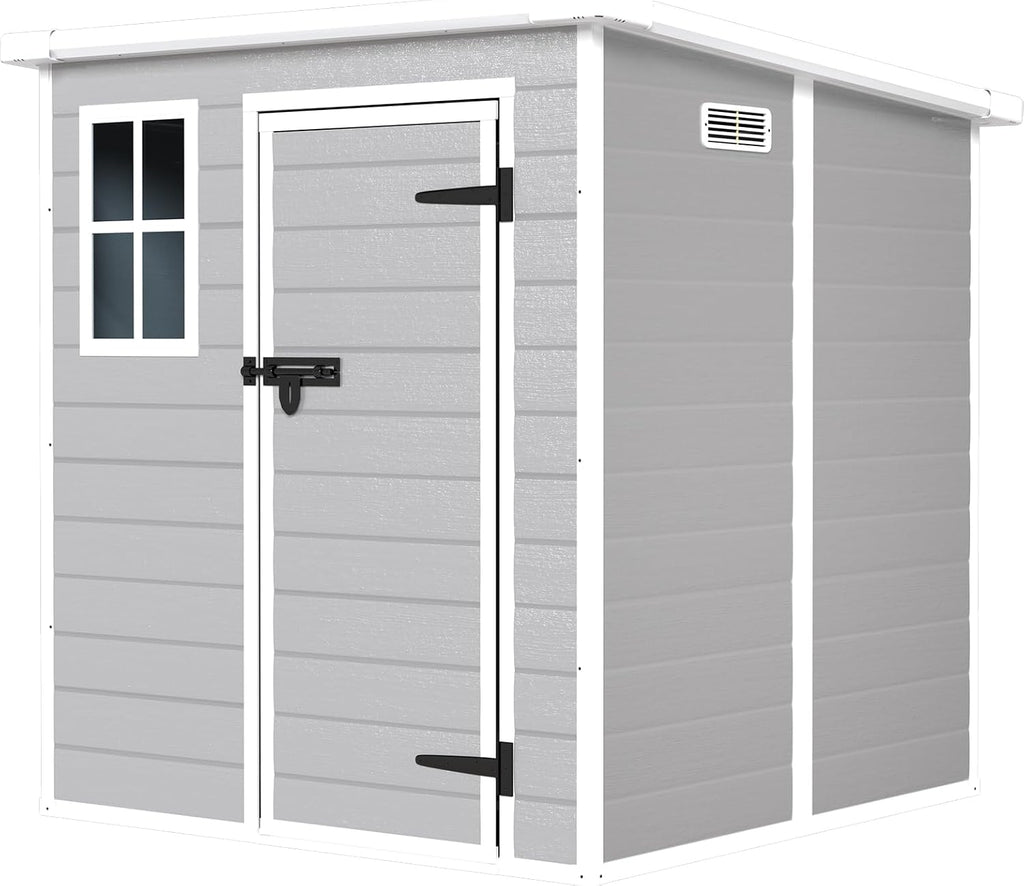 YOPTO 6x6 FT Resin Outdoor Storage Shed with Floor, All-Weather Plastic Shed with Lockable Doors, Window & Vents, Utility Plastic Tool Shed Storage House for Backyard, Patio, Light Grey