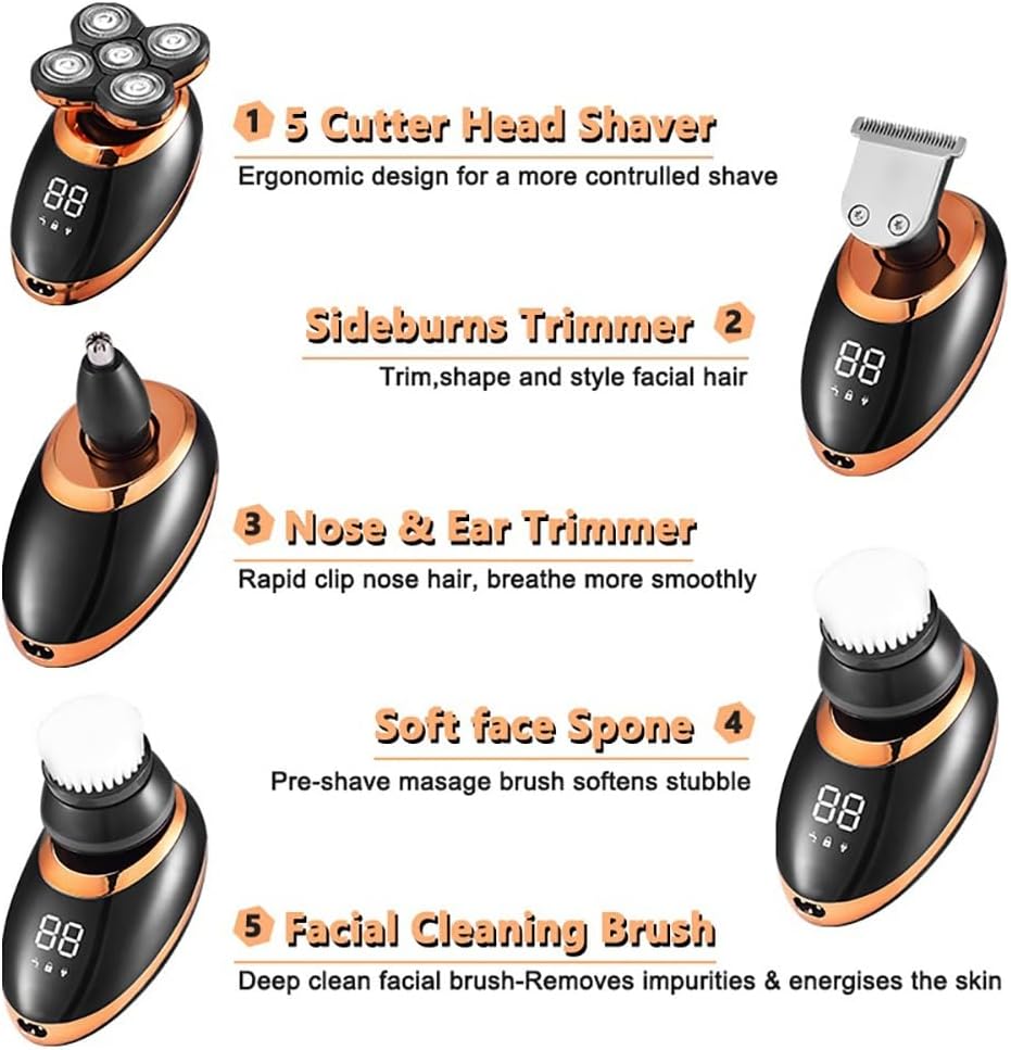 Head Shaver for Men, 5 in 1 Electric Shaver for Men Beard Hair Trimmer Electric Razor 5D Floating Five Blade Heads Electric Nose Hair Trimmer LCD Display