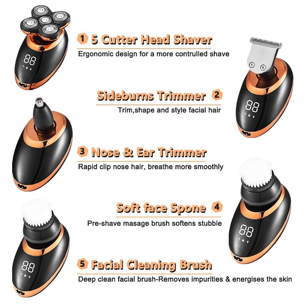 Head Shavers for Bald Men, Electric Shaver For Men Beard Hair Trimmer Electric Razor 5D Floating Five Blade Heads Electric Nose Hair Trimmer LCD Display (Color : Silver)