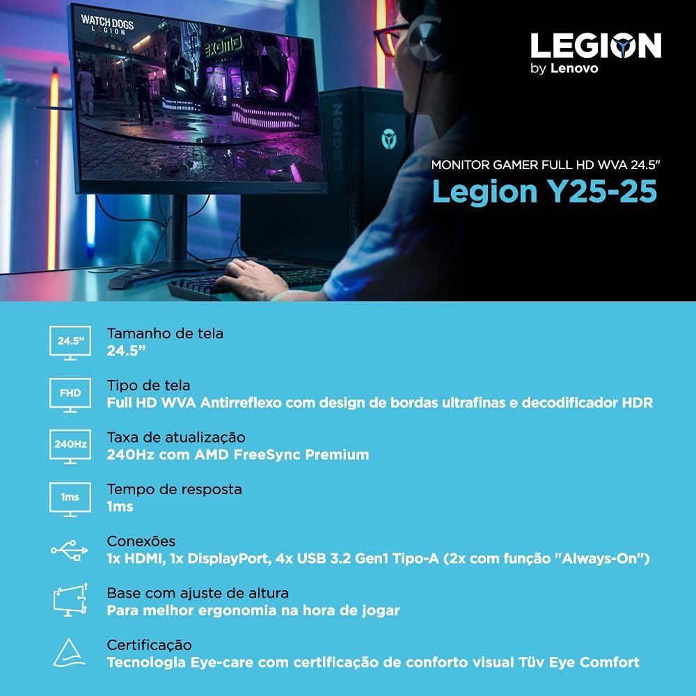 Lenovo Legion Y25-25 24.5-inch FHD LCD Gaming Monitor, 16:9, LED Backlit, AMD FreeSync Premium, 240Hz, 1ms Response Time