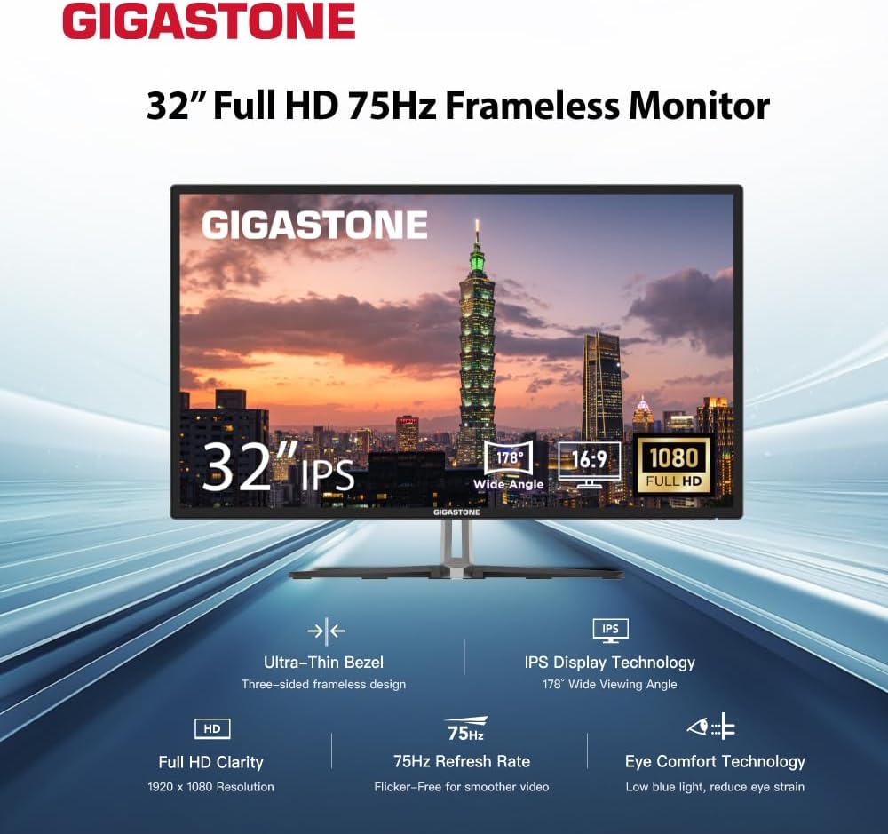 Gigastone 32 inch IPS LED Back Light Monitor 2-Pack 75Hz FHD 1920 x 1080, 178° Wide View Frameless Computer Monitor 5ms, Eye Care Technology, Ergonomic Tilt VESA Mount, HDMI VGA
