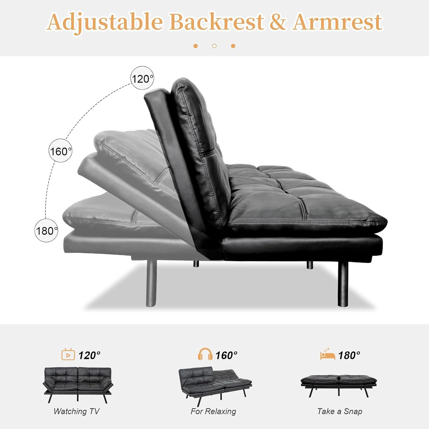 Opoiar Futon Sofa Bed Modern Memory Foam Sleeper Sofa Convertible Couch Adjustable Armrest&Backrest Black Matte Leather Futon for Living Space,Apartment,Office Sofabed