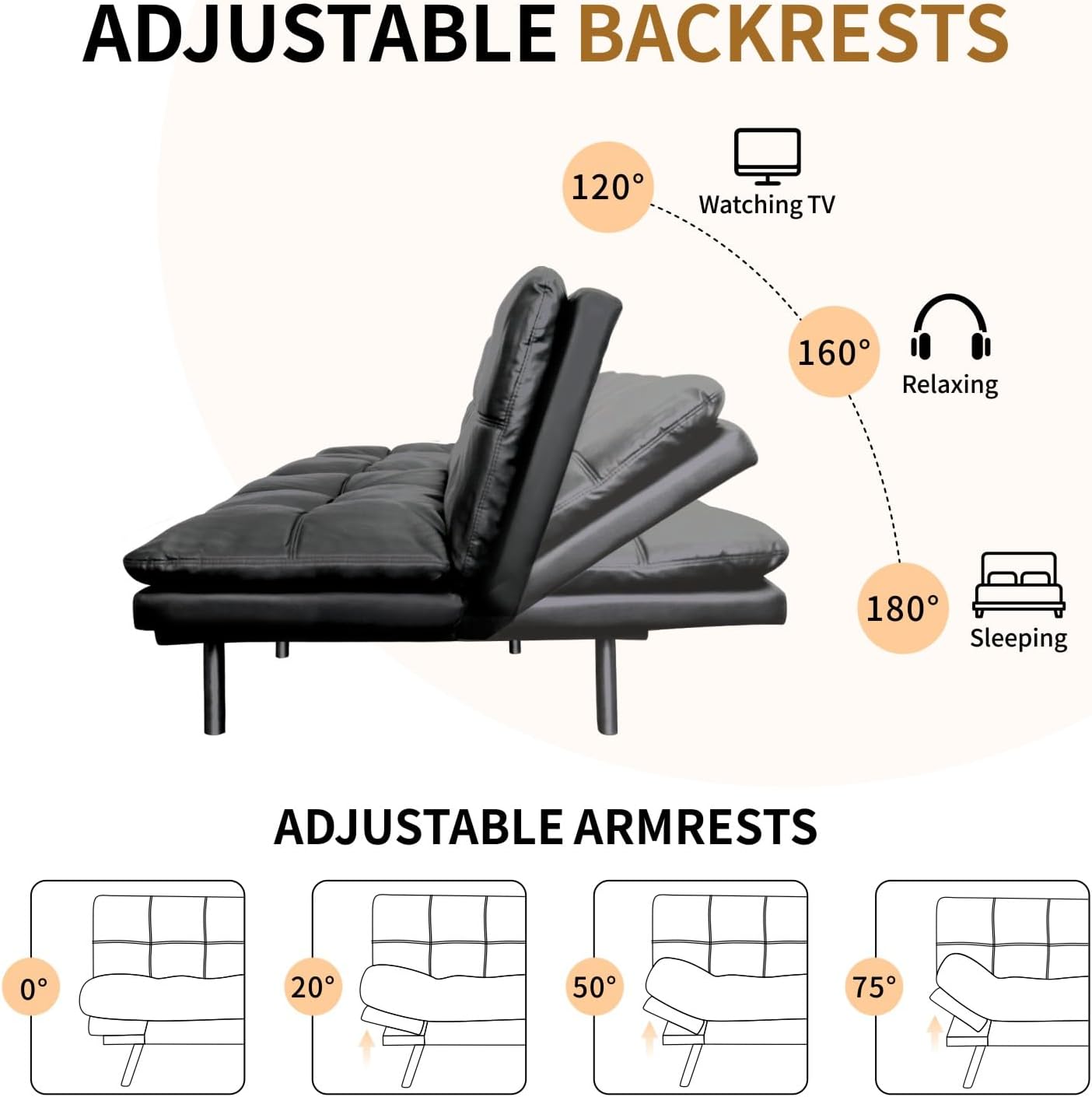 Convertible Memory Foam Sofa Bed with Adjustable Backrest & Armrest, Modern Futon Couch for Living Room, Office, Apartment, Space-Saving Design, Easy Assembly,Matte Black