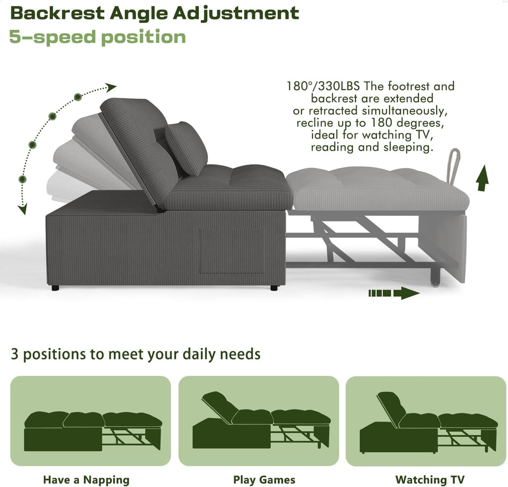 4-in-1 Convertible Sleeper Chair Bed with Adjustable Backrest Pillows Futon Sofa Bed with Side Pocket Sleeper Sofa Chair Pull Out Couches for Living Room Small Space, Charcoal