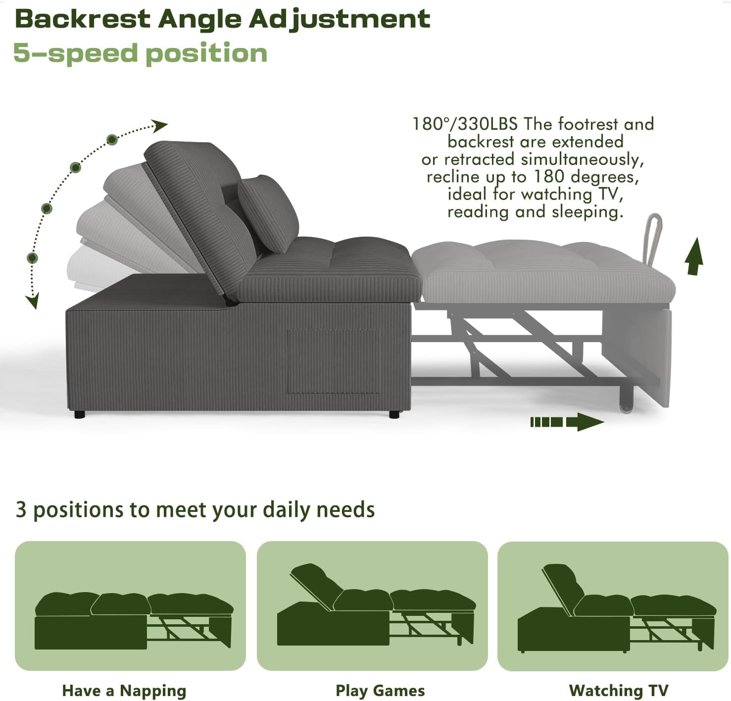 4-in-1 Convertible Sleeper Chair Bed with Adjustable Backrest Pillows Futon Sofa Bed with Side Pocket Sleeper Sofa Chair Pull Out Couches for Living Room Small Space, Charcoal