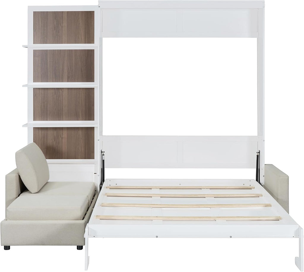 Harper & Bright Designs Queen Size Murphy Bed, Wood Queen Wall Bed with Sofa and Shelves, White