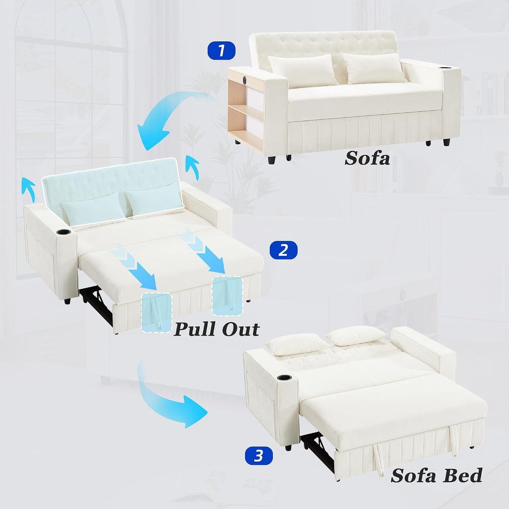 Merax Pull-Out Sleeper Sofa Bed with Reversible Backrest and Storage Shelves, 3 in 1 Foton Couch with USB Ports & Phone Holder, Chenille Loveseat with Pillows for Living Room, Beige