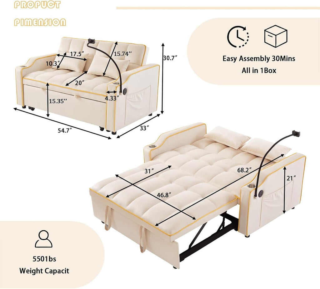Convertible Sofa Bed, 3 in 1 Futon Sofa Bed with USB Charging Ports, Cup Holder, Phone Stand & Pocket, Modern Upholstered Sleeper Sofa for Living Room, Apartment or Small Space (Beige-L)