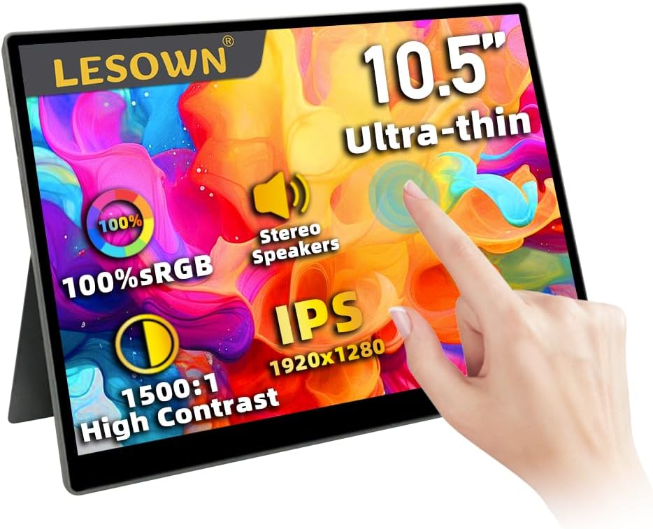 Portable Small Monitor 10.5 inch USB C 100% sRGB 1500:1 FHD 1920x1280 IPS Touch Ultra-Thin External Second Screen Display for Gaming Computer PC Phone Mac