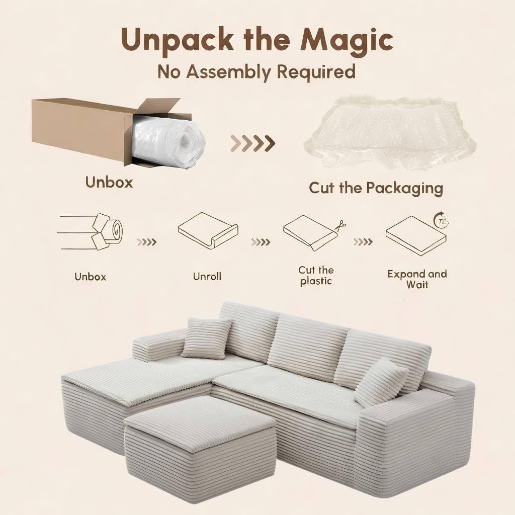 Luxury Cloud Sectional Couch, Modular Boneless Sofa, Corduroy Fabric Memory Foam Sofa in a Box, Modern Deep Seat Oversized Living Room Furniture, No Assembly Double-Layer Soft Cushion