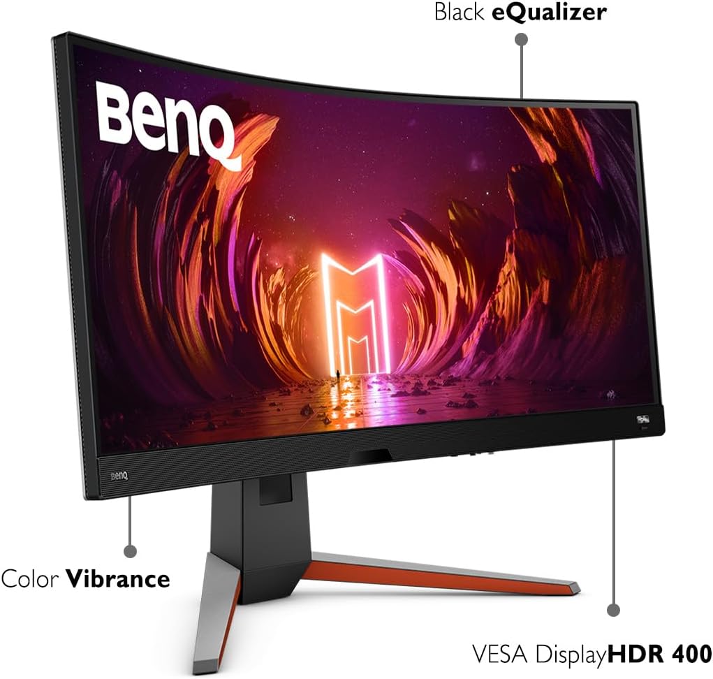 BenQ MOBIUZ EX3410R Curved Gaming Monitor 34' 2K 1440p 144Hz 1ms w/Remote | HDRi | 1000R | Color Optimizer | Freesync Premium Pro | Eye-Care | Height, Swivel & Tilt | 2.1ch w/ 5w Sub | USB Hub