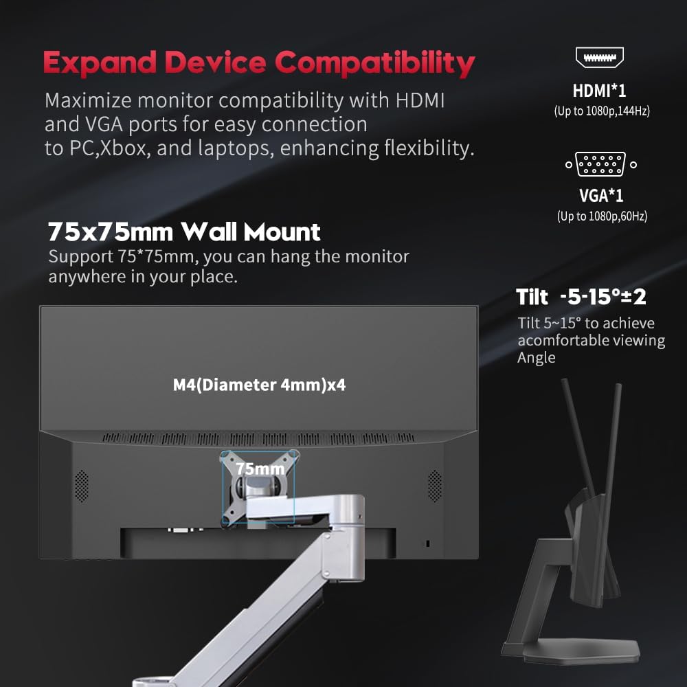 Viewedge 24 Inch Gaming Monitor 1080p 144hz, IPS 1ms FHD Computer Monitor with 110% sRGB, Bluelight Filter, HDMI & VGA Port, Support Wall Mount