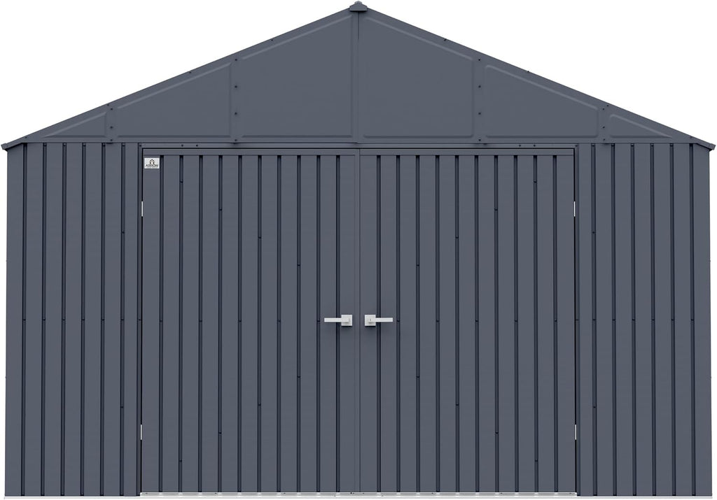 Arrow Shed Elite 12' x 12' Tall Outdoor Steel Storage Shed with High Gable and Lockable Doors Storage Building, Anthracite