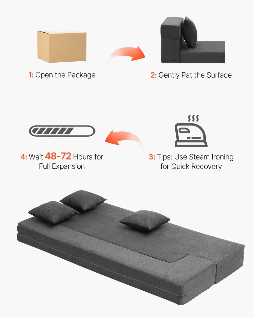 VEVOR Folding Sofa Bed, 3-in-1 Foldable Couch Bed with 3 Pillows and Washable Cover, 25D High Density Memory Foam Convertible Sleeper Chair Bed, Futon Couch, Dark Grey(Twin XL)