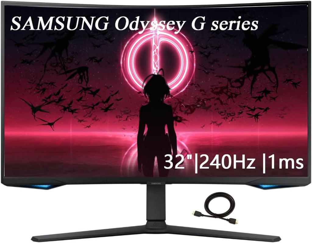 Samsung 32' Odyssey G Series QHD Gaming Monitor, 240Hz, 1ms, Gaming Hub, Smart TV Apps, 1000R Curved, Swivel & Tilt Adjustable Stand, Black, with GSF HDMI Cable