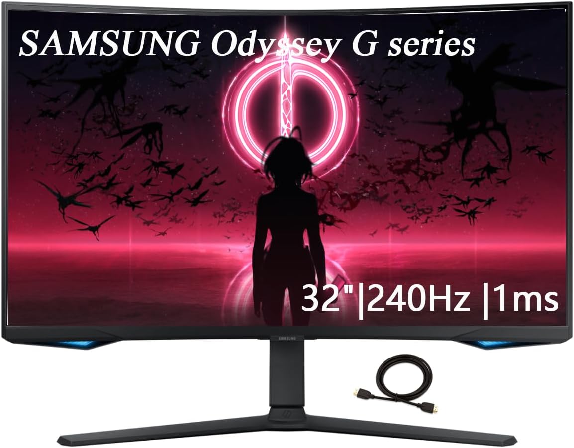 Samsung 32' Odyssey G Series QHD Gaming Monitor, 240Hz, 1ms, Gaming Hub, Smart TV Apps, 1000R Curved, Swivel & Tilt Adjustable Stand, Black, with GSF HDMI Cable