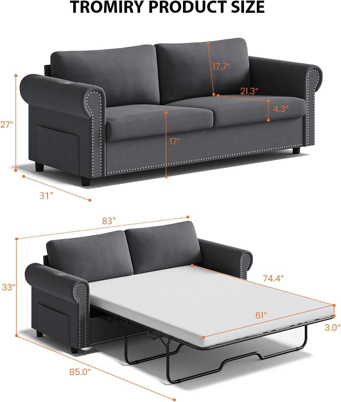 Queen Pull Out Sofa Bed | 83' Large Sleeper Sofa with Queen Size Mattress | 2-in-1 Convertible Loveseat Sofa-Bed with USB Ports Side Pockets Dark Grey
