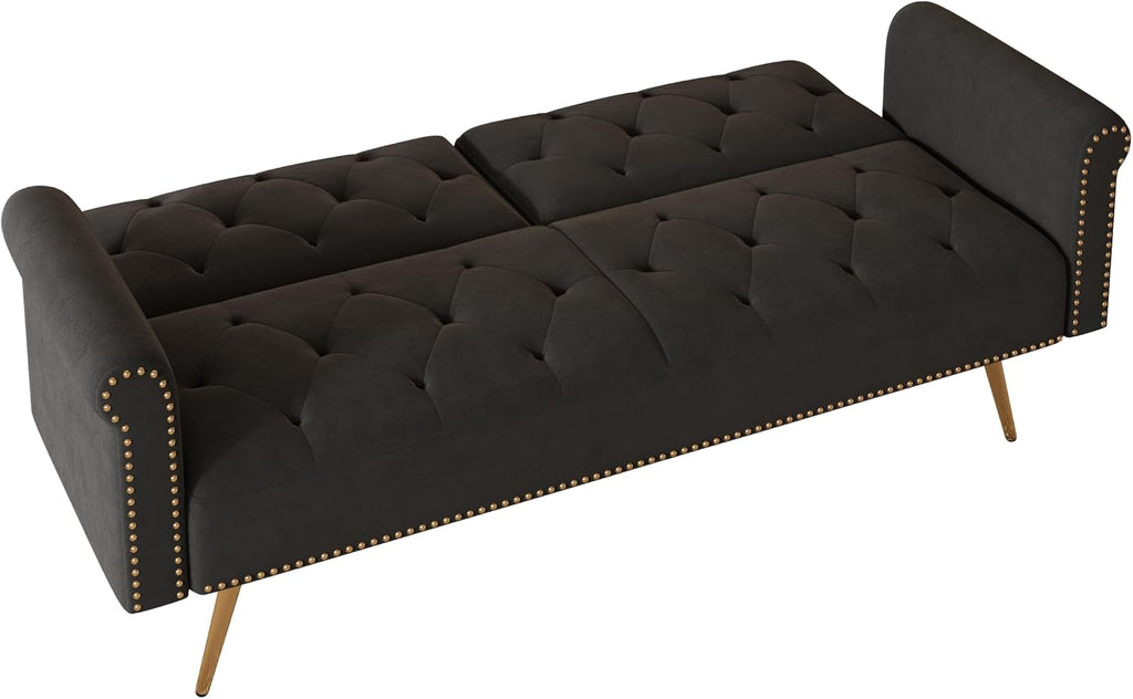 Convertible Futon Sofa Bed , Adjustable Sleeper Couch Modern Velvet Tufted Recliner Reversible Loveseat Folding Daybed Guest Bed Sofacama w/ Nailhead Trim and Golden Metal Legs for Living Room Office