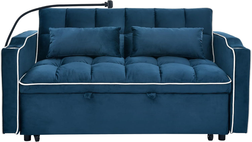 Merax Foldable Sofa Bed with USB Charging Ports, Pull Out Velvet Loveseat Sleeper with Phone Holder, Modern Futon Couch with Cup Holders & Adjustable Backrest for Living Room, Blue