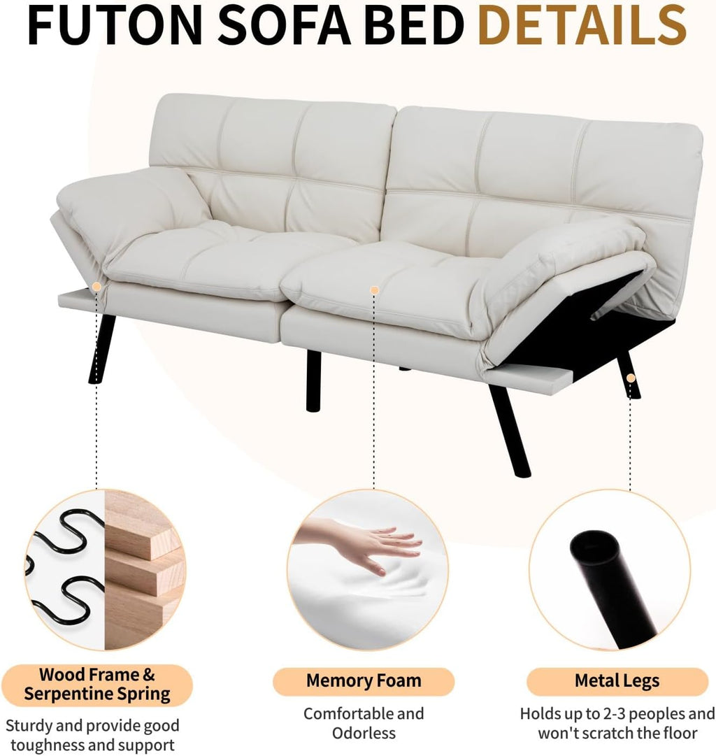 MUUEGM Convertible Memory Foam Sofa Bed with Adjustable Backrest & Armrest, Modern Futon Couch for Living Room, Office, Apartment, Space-Saving Design, Easy Assembly,White