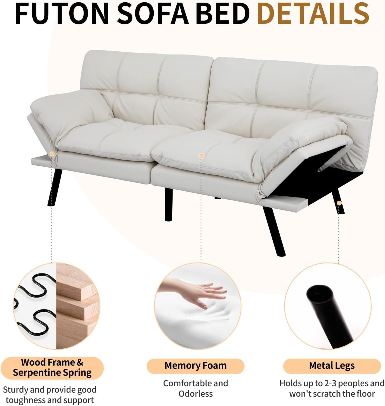 MUUEGM Convertible Memory Foam Sofa Bed with Adjustable Backrest & Armrest, Modern Futon Couch for Living Room, Office, Apartment, Space-Saving Design, Easy Assembly,White