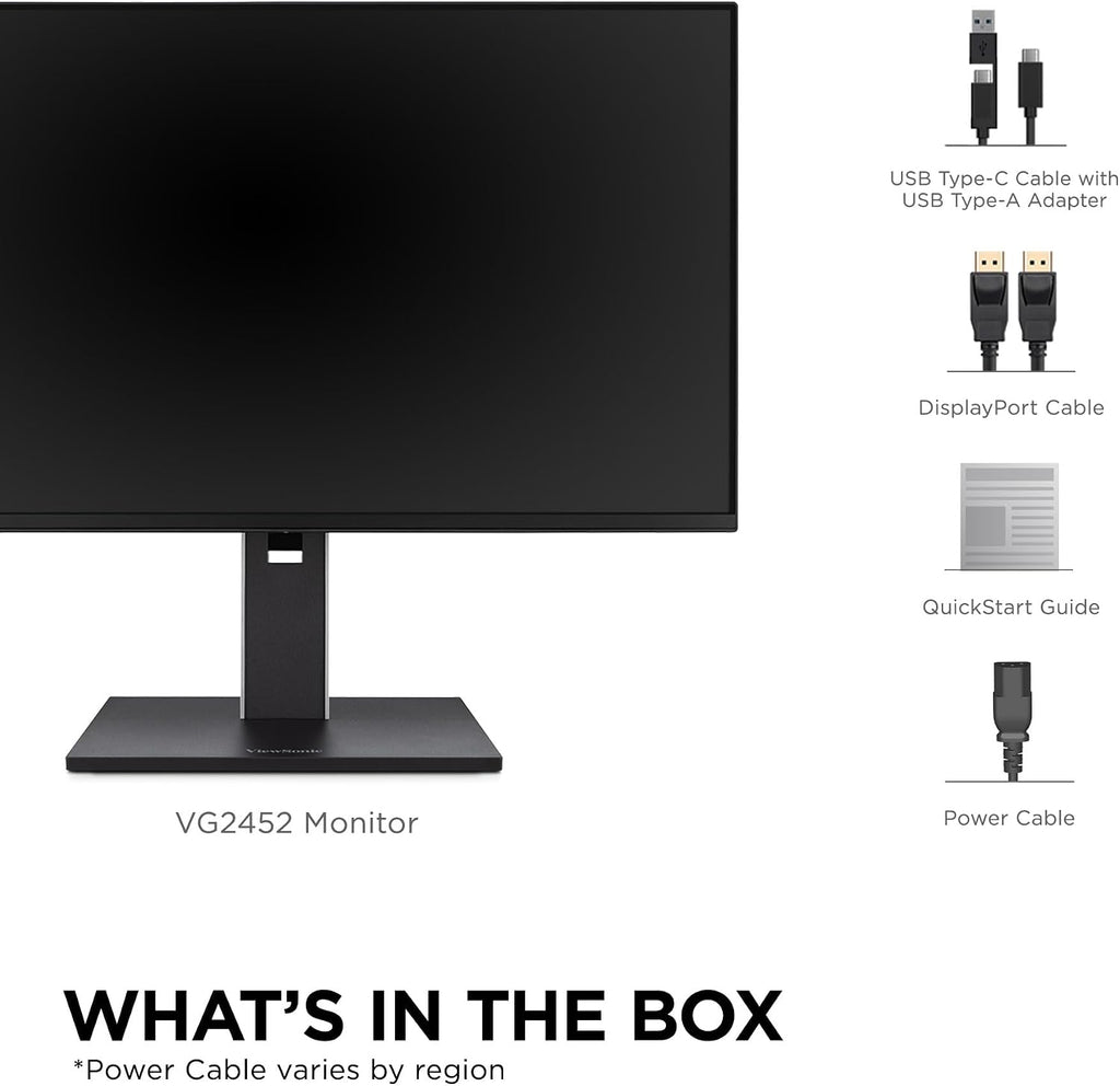 ViewSonic VG2452 24 Inch 1080p Monitor, IPS Display with 100Hz for Smooth Home and Office Productivity, Full Ergonomic Adjustability, 5-Port USB Hub, 65W USB-C, HDMI, and DisplayPort Inputs