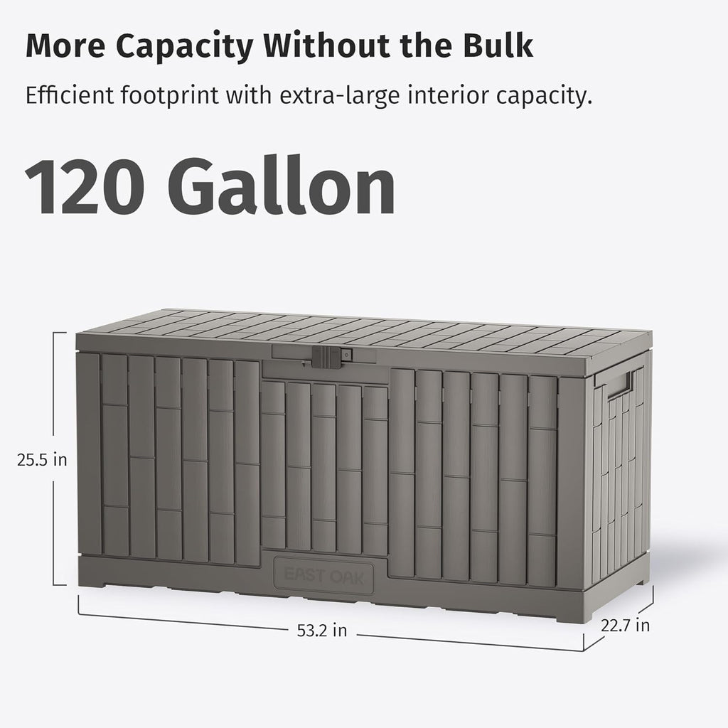 EAST OAK 120 Gallon Outdoor Storage Box | Large Resin Deck Box with Reinforced Stainless Steel Support | Waterproof & UV-Resistant Patio Storage Box for Cushions, Garden Tools & Pool Accessories, Grey