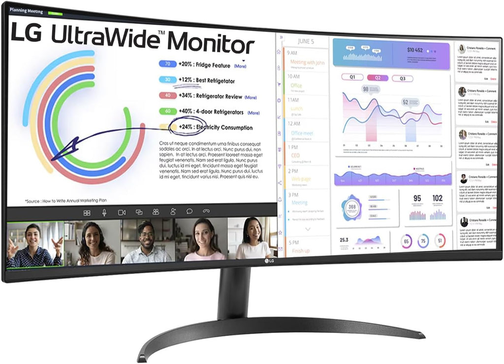 LG 34 Inches 21:9 Curved Ultra Wide Monitor, WQHD(3440 x 1440 Pixels), sRGB 99%(Typ), HDR 10, Dual Controller, PBP, Flicker Safe, Smart Energy Saving, HDMI, DP, Head Phone Out,Tilt, Black, 34WR50QC