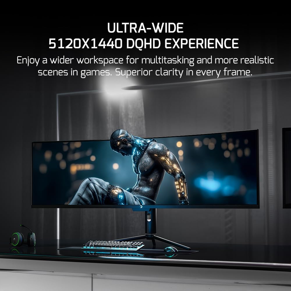 GAMEPOWER DQ 49 inch Curved Ultrawide Gaming Monitor, 5K, 1Ms, 120Hz Refresh Rate, 32:9, DQHD, 5120 x 1440P, R1800, 99% sRGB, HDR400, DisplayPort, Type-C, FreeSync, Gsync, Height - Tilt Adjustable