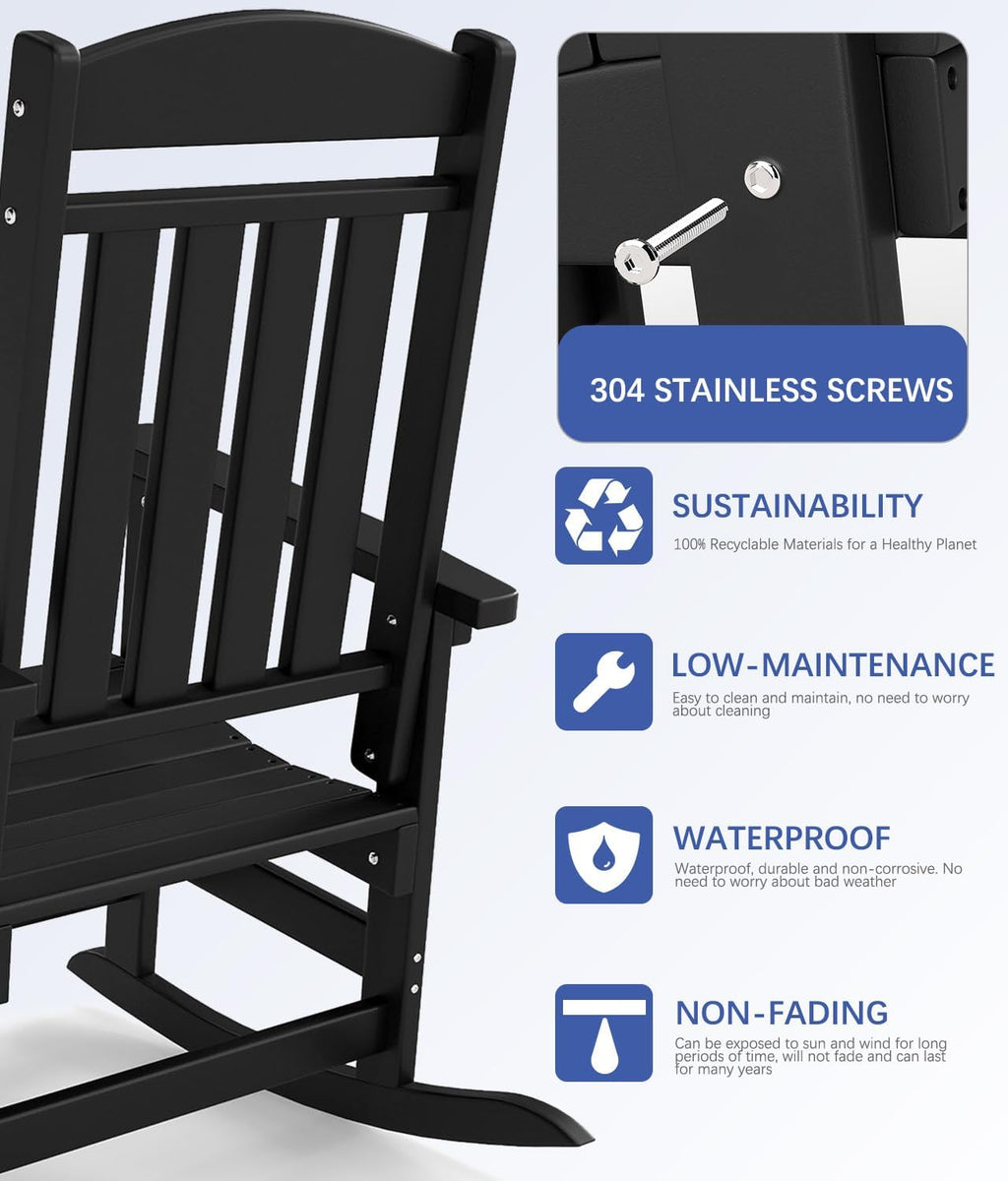 FOOWIN 3-Piece Outdoor Rocking Chairs Set, High Back Patio Rocker with Side Table, HDPE All Weather Resistant Oversized Rocking Chairs for Indoors, Porch, Patio, Backyard, Black (Black, 3-Set)