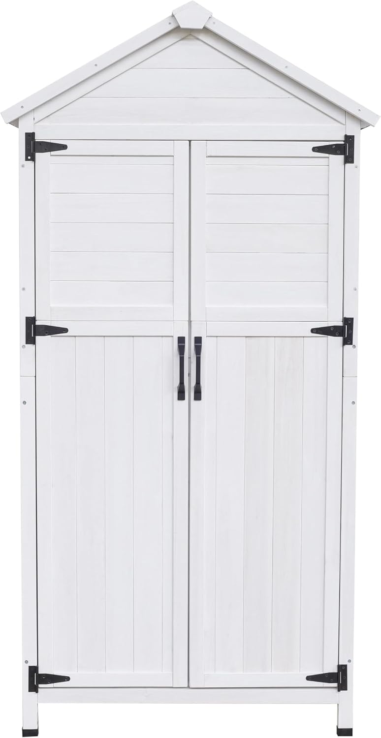 GDFStudio 67' Fir Wood Storage Shed 2 Doors Design Outdoor Tool Storage House Cabinet with Sloped Roof & 4 Interior Compartments for Garden Patio Backyard, White
