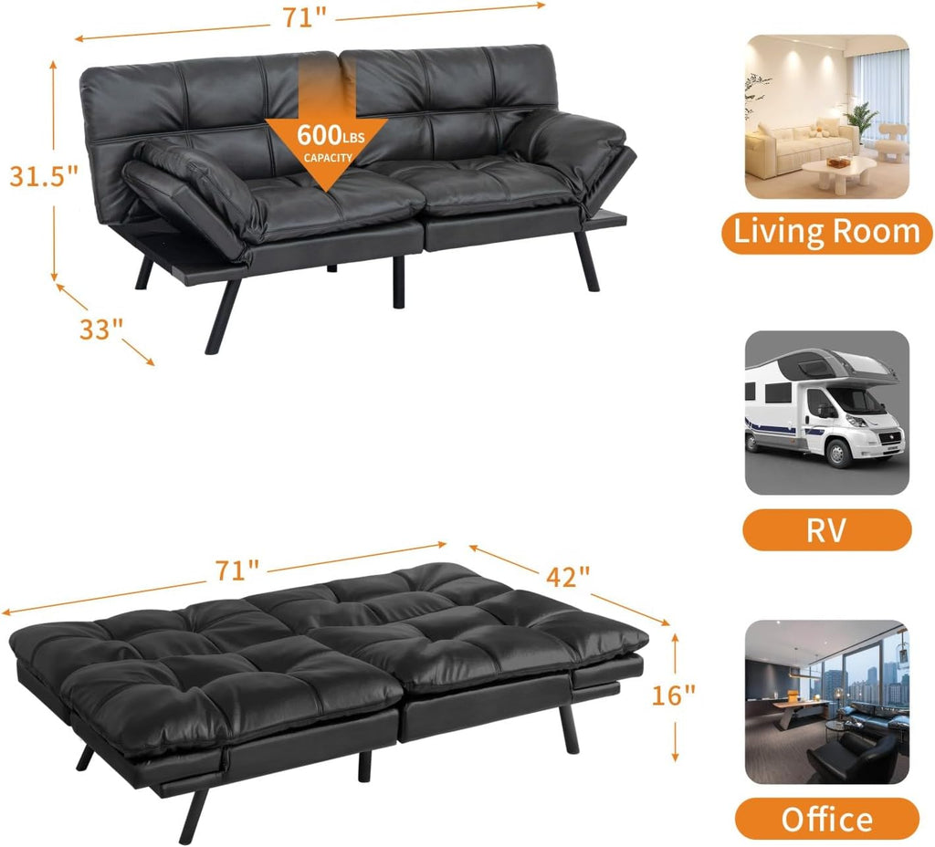 MUUEGM 71-Inch Convertible Futon Sofa Bed with Adjustable Backrest & Removable Armrests, Foldable Sleeper Loveseat for Small Space Living Room, Studio Apartment, Home Office，Matte Black