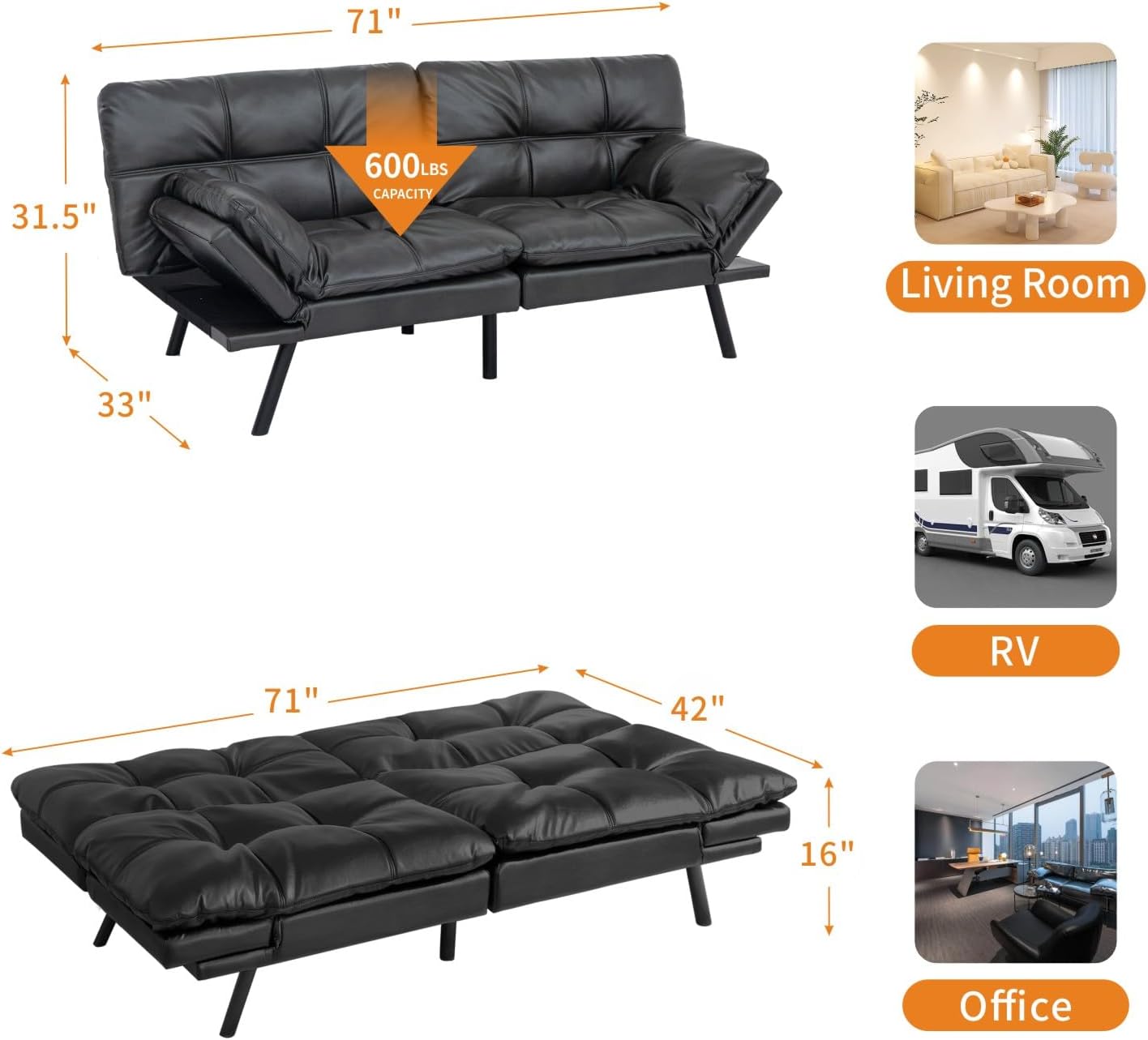 MUUEGM 71-Inch Convertible Futon Sofa Bed with Adjustable Backrest & Removable Armrests, Foldable Sleeper Loveseat for Small Space Living Room, Studio Apartment, Home Office，Matte Black