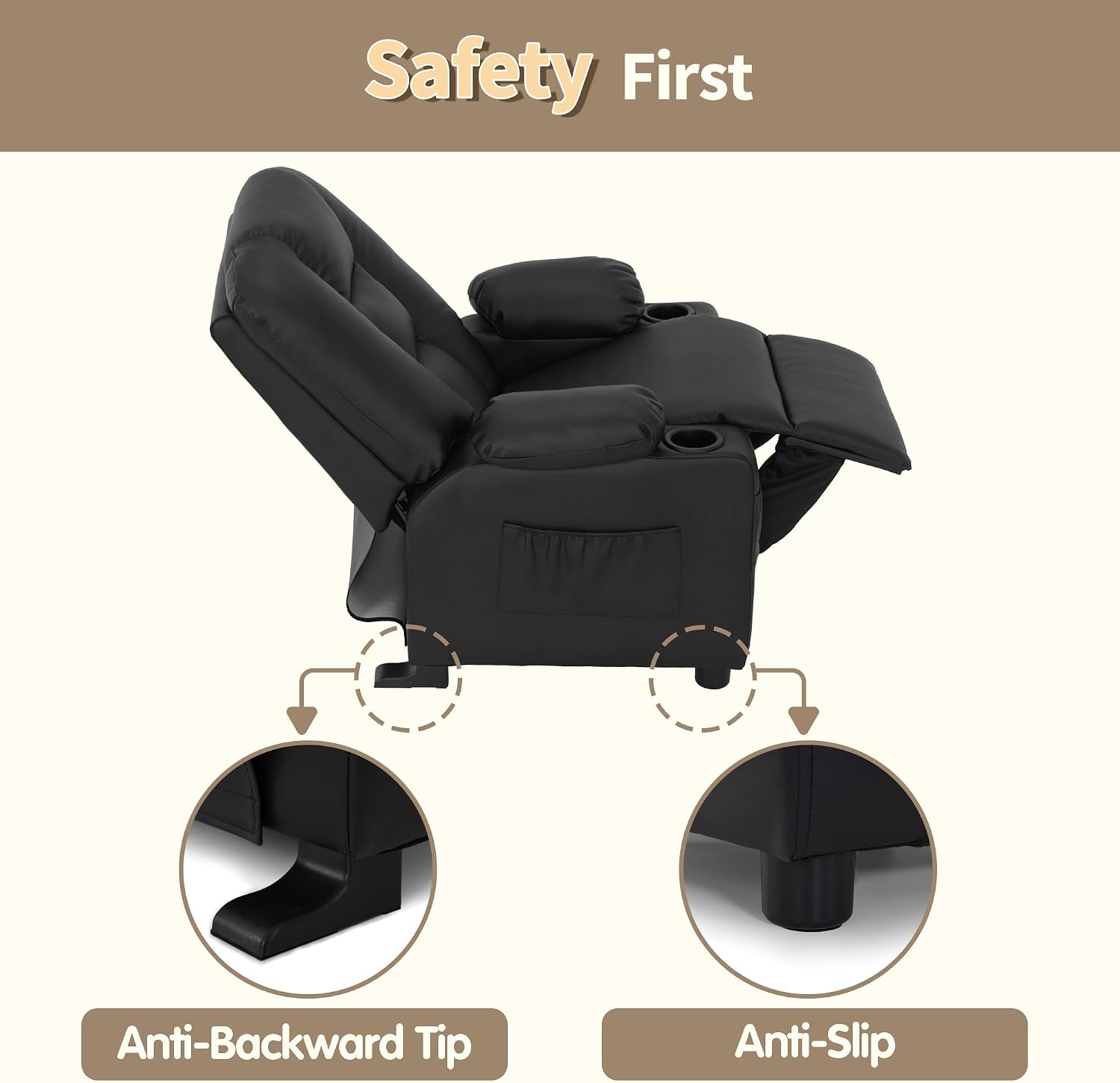 MCombo Big Kids Recliner for Ages 3+, Child Reclining Chair, Toddlers Recliner Sofa with Cup Holders, Faux Leather, 7322(Black)