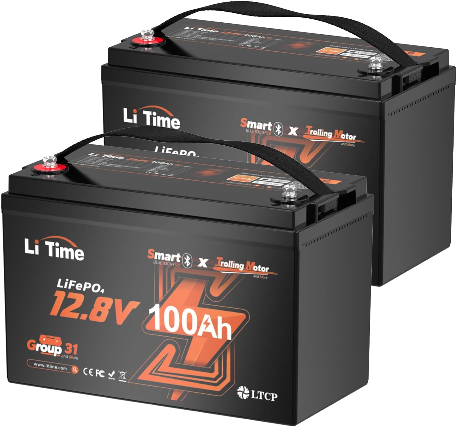 Litime 12V 100Ah Trolling Motors LiFePO4 Battery (Group 31), 12 Volt Bluetooth Lithium Batteries, Max. 15000 Deep Cycles, 100A BMS, Low-Temp Protection for Marine, Boat, Yacht, RV, Solar (2-Pack)