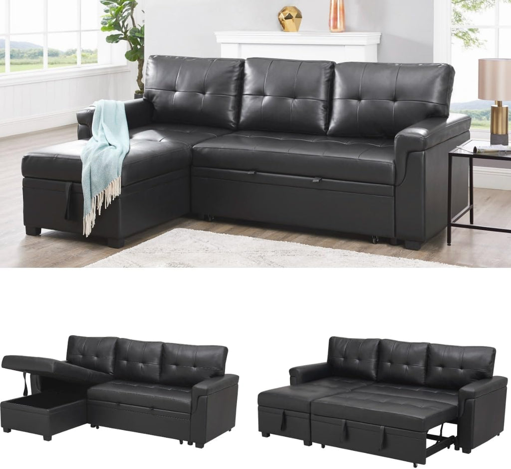 Naomi Home L Shaped Sectional Couch with Storage & Pull Out Bed – 3-in-1 Convertible Sleeper Sofa Bed, Small L Shape Sofa for Living Room, Sofa Bed with Storage Chaise in Black, Air Leather
