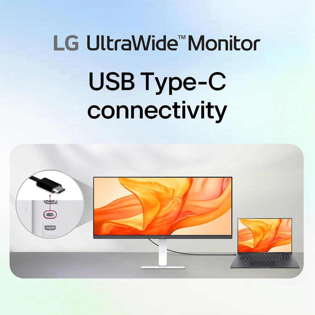 LG 34' UltraWide Monitor, 21:9 WFHD (2560 x 1080) IPS Display, 100Hz Refresh Rate, VESA DisplayHDR 400, HDR10, Flicker Safe, USB Type-C, HDMI, DisplayPort, Height/Swivel/Tilt Adjustable Stand, White