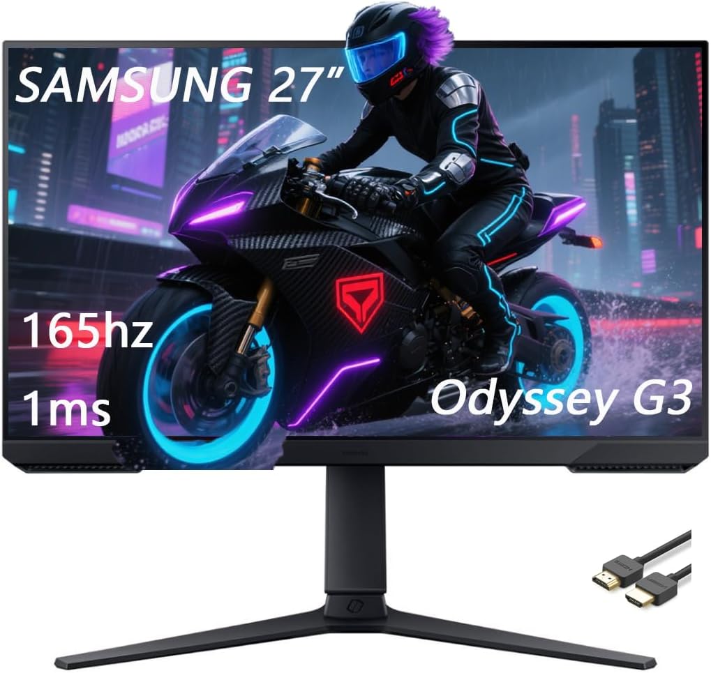 Samsung 27' Odyssey G3 Series LED Gaming Monitor, FHD, 165Hz, 1ms, Free Sync Premium, Height Adjustable, VESA Mount Capability, DisplayPort, HDMI, Black, with GSF HDMI Cable