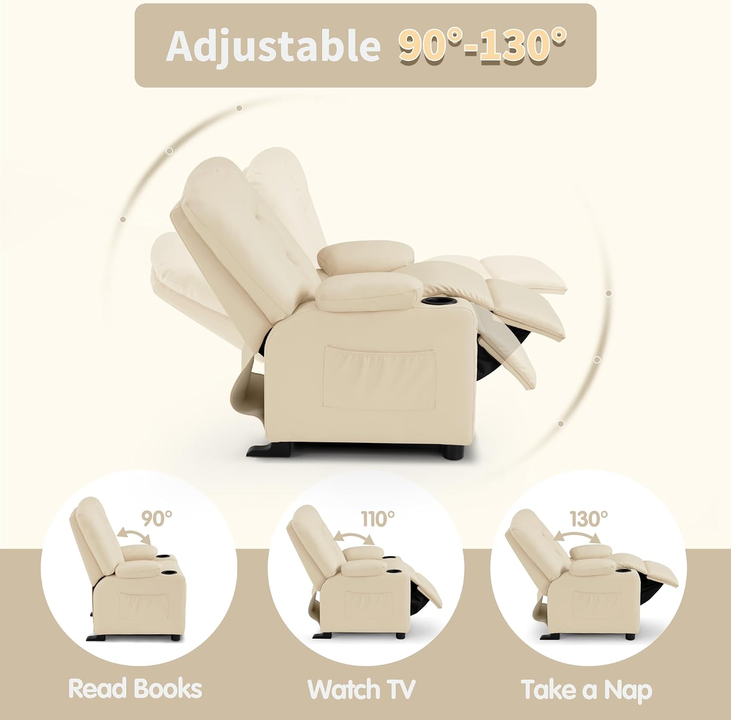 MCombo Big Kids Recliner for Ages 3+, Child Reclining Chair, Toddlers Recliner Sofa with Cup Holders, Faux Leather, 7322(Cream White)