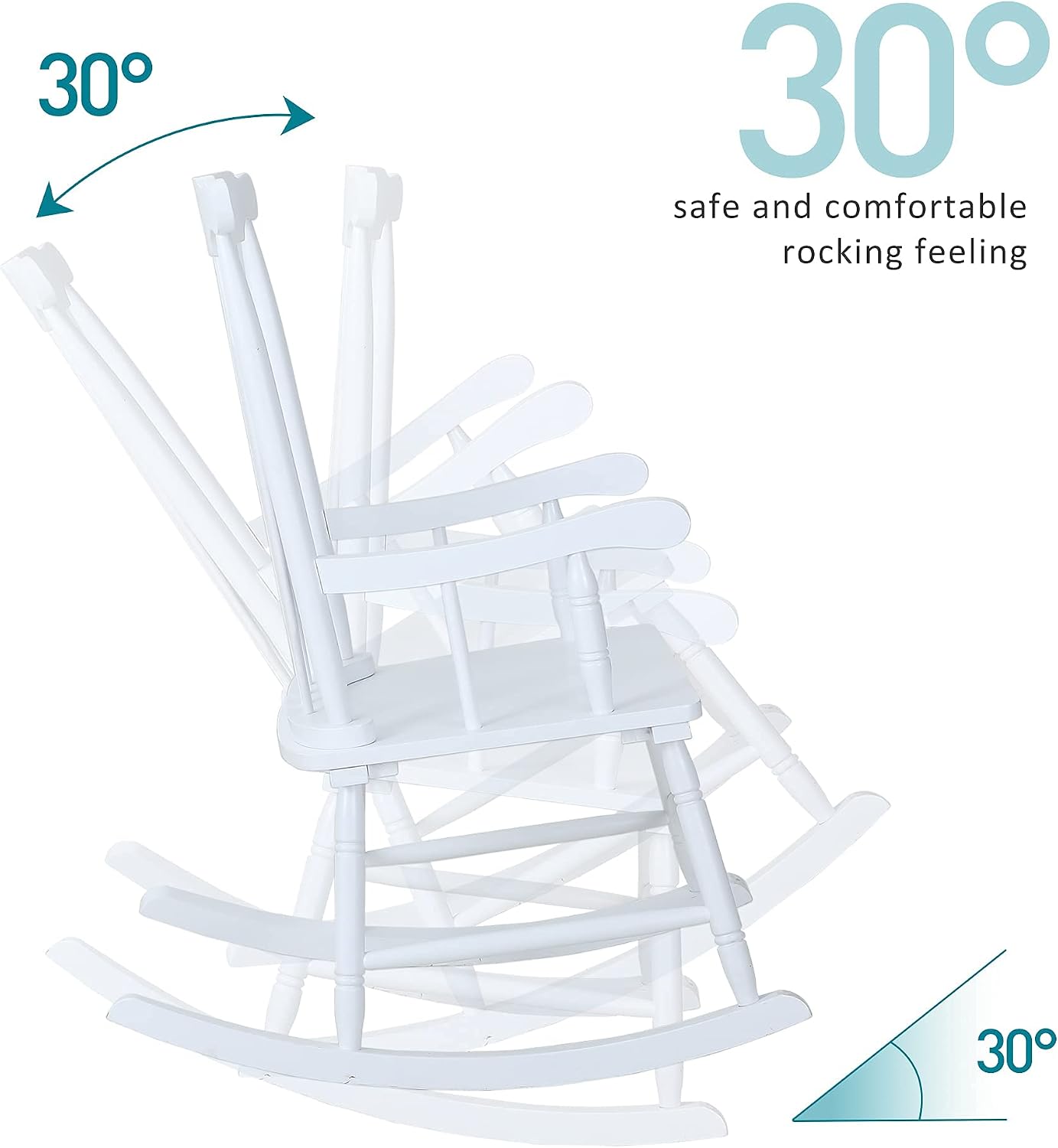 PHI VILLA Outdoor Wood Rocking Chair, Oversized Acacia Wood Slat Back Rocker Chairs for Patio, Deck, Balcony, Porch and Indoor, 30° Safe Recline Support 350 lbs - White