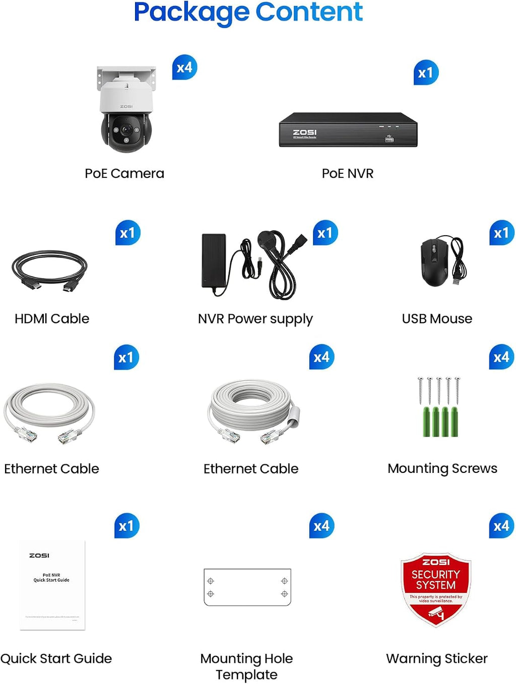 ZOSI C290 4K 8CH POE Security Camera System (Up to16CH), 4 x 8MP Wired PoE IP Dome Cameras Outdoor Indoor, 360 View, AI Human/Vehicle/Face Detection, Two-Way Talk, Siren Alarm, Auto Tracking, 2TB HDD