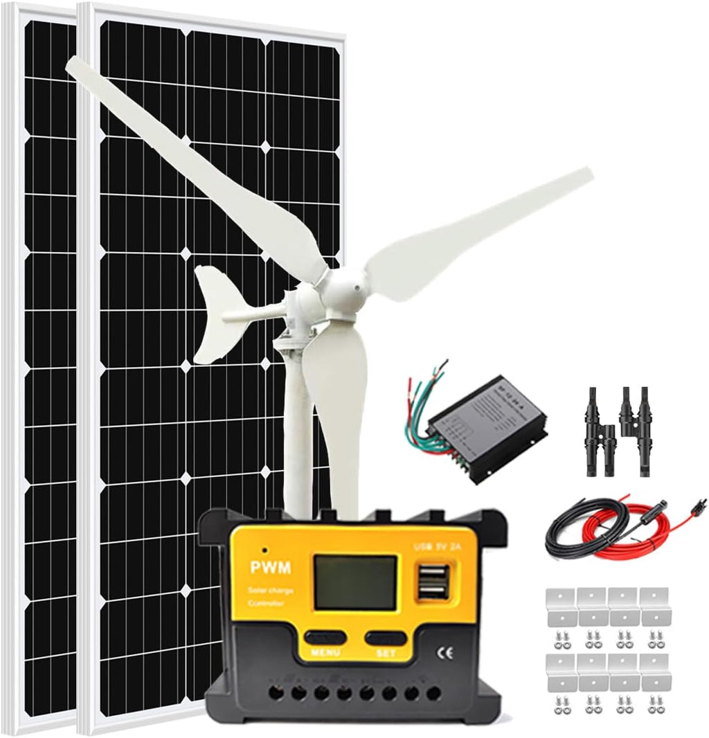300W Solar Panel Wind Turbine Generator Kit: 100W 12V Wind Turbine + 100W Monocrystalline Solar Panel + Charge Controller + Z Brackets Mount + Cable Connections for Home Cabin Shed Boat RV
