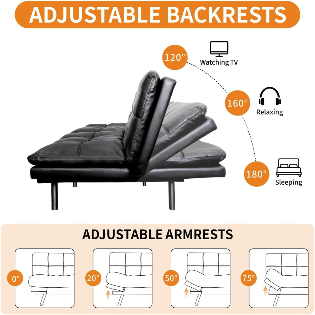 MUUEGM 71-Inch Convertible Futon Sofa Bed with Adjustable Backrest & Removable Armrests, Foldable Sleeper Loveseat for Small Space Living Room, Studio Apartment, Home Office，Black