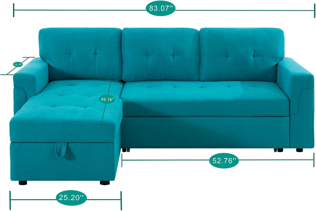Naomi Home L Shaped Sectional Couch with Storage & Pull Out Bed – 3-in-1 Convertible Sleeper Sofa Bed, Small L Shape Sofa for Living Room, Sofa Bed with Storage Chaise in Teal, Velvet