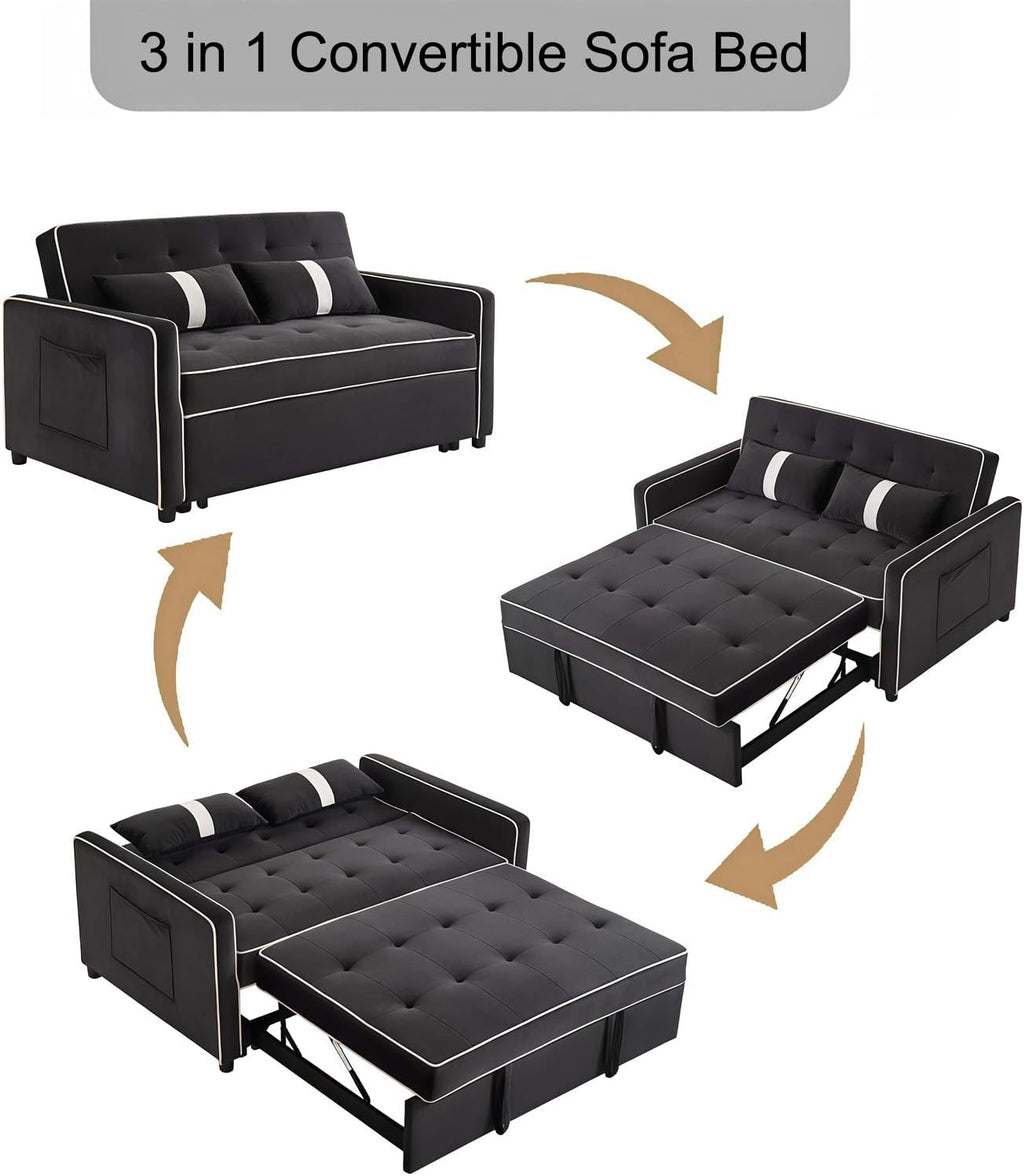 Loveseat Sleeper Sofa, 3 in 1 Convertible Sofa Bed, Adjustable Backrest Comfy Pull Out Couch, Modern Upholstered Sofa for Living Room Bedroom Apartment Small Space (Black 1)