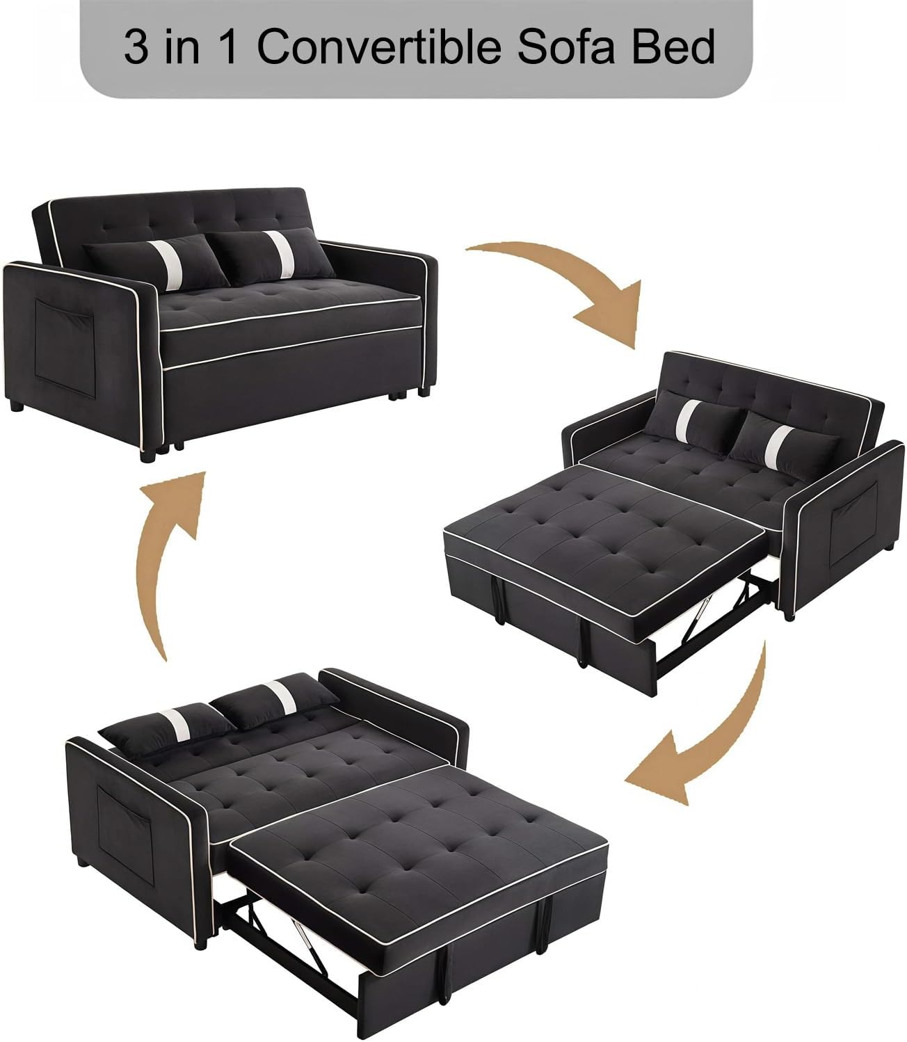 Loveseat Sleeper Sofa, 3 in 1 Convertible Sofa Bed, Adjustable Backrest Comfy Pull Out Couch, Modern Upholstered Sofa for Living Room Bedroom Apartment Small Space (Black 1)