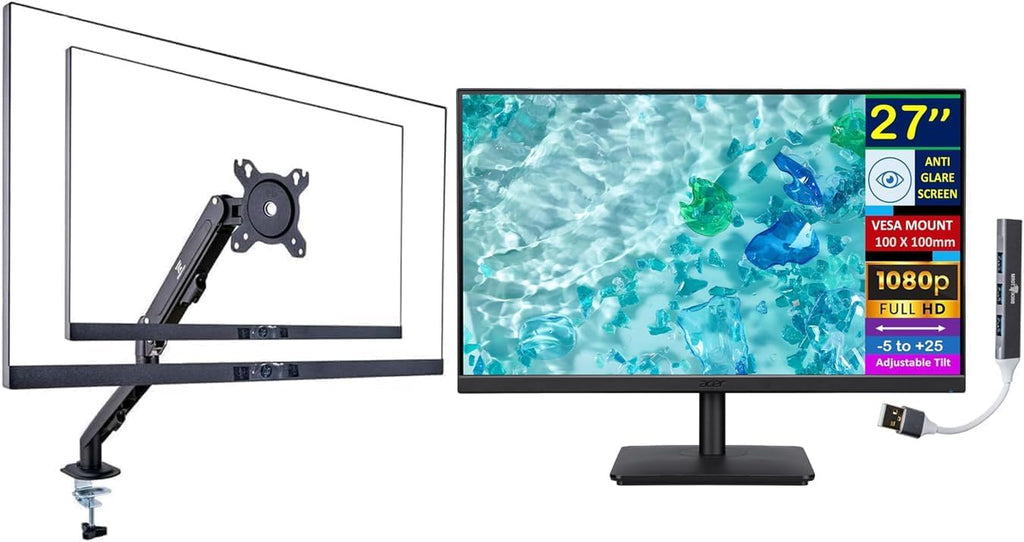 acer Vero V7 V277 Gbmipx 27' FHD IPS Monitor w/ 4ms Response Time, Anti Glare, VESA Mount (100mm), HDMI, VGA & Black Color (UM.HV7AA.G07) with Dockztorm Hub & ErgoFlexy Single Monitor Mount