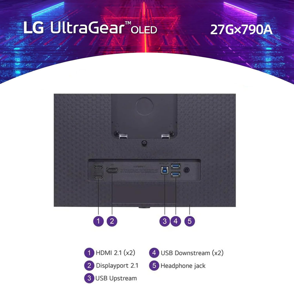 LG 27' OLED QHD (2560 x 1440) Gaming Monitor, 480Hz, 0.03ms, FreeSync Premium Pro, G-Sync Compatible, DisplayHDR True Black 400, DCI-P3 98.5%, RGB Lighting, Adjustable Stand
