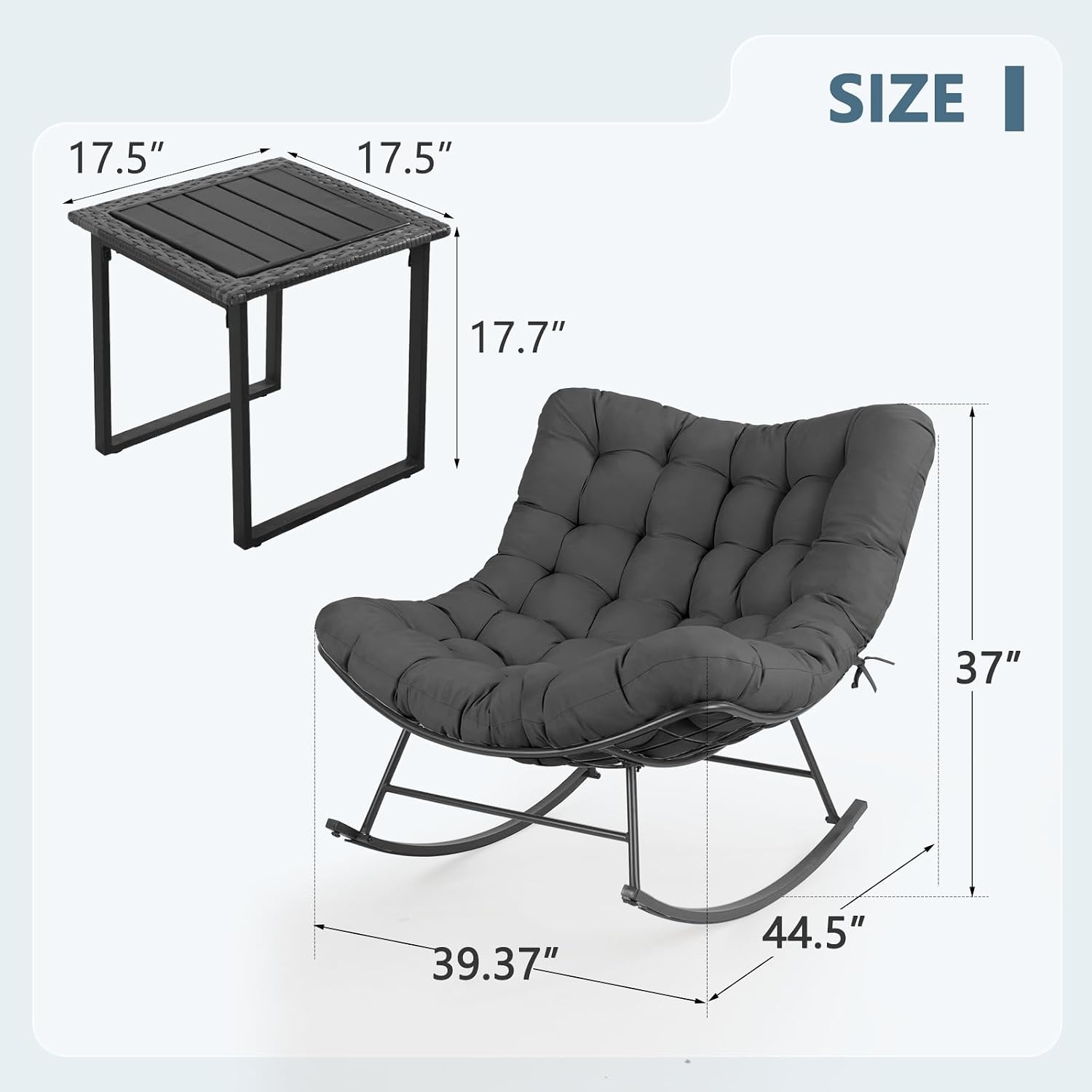 Oversized Outdoor Rocking Chairs Set of 2 with Wicker Side Table, Thick Cushioned Rocking Papasan Chair with End Table, 3PCS Oversized Egg Chair Set for Patio, Porch, Balcony, Grey